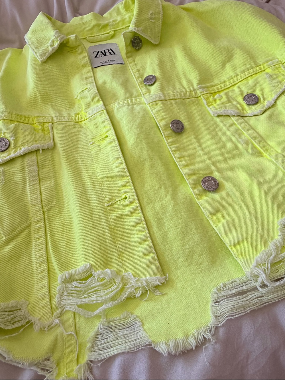 Zara Neon Yellow Distressed Cropped Denim Jacket